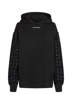 Black hoodie with textured checkered pattern on sleeves and small white "Karl Lagerfeld" logo on chest.