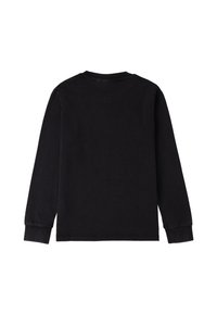 Czarna koszulka z długim rękawem o miękkiej teksturze, z okrągłym dekoltem i ściągaczami przy rękawach. Głęboko jednolita z tyłu, bez wzorów ani grafik.