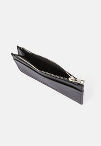 Mustan nahkalompakon vetoketjukiinnitys. Ominaisuuksiin kuuluu ohut, suorakulmainen muoto ja hopeanvärinen vetoketju. Sisäosa on teksturoitua kangasta.