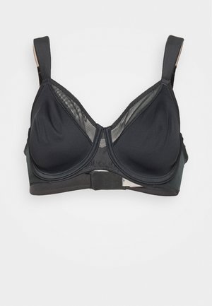 Sutien negru cu barete metalice, cu cupe modelate, accente din plasă, curele ajustabile și închidere cu cârlig și ochi la spate. Textură de țesătură netedă.