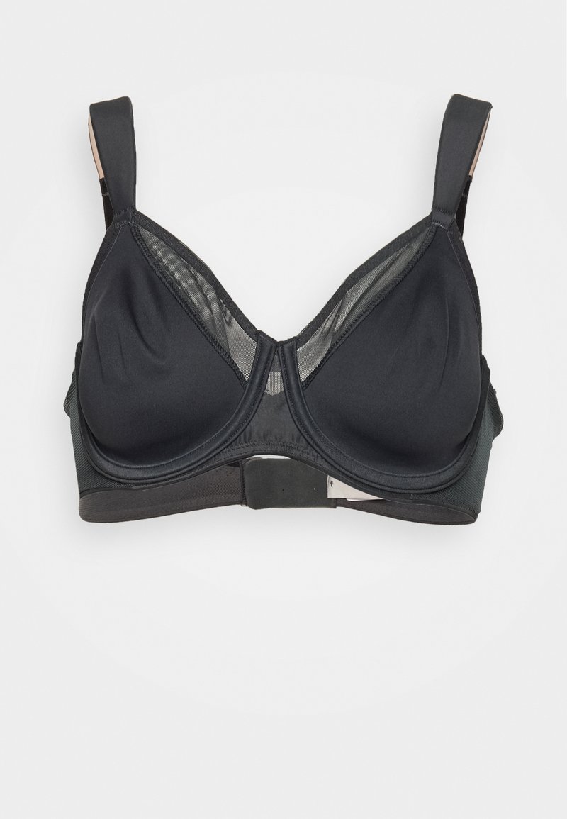 Czarny stanik z fiszbinami, wyprofilowanymi miseczkami, siateczkowymi akcentami, regulowanymi ramiączkami oraz zapięciem na haczyk z tyłu. Gładka tekstura materiału.