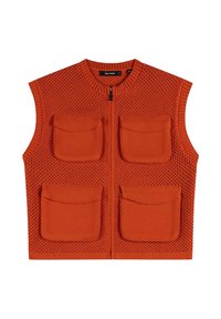 Gilet arancione lavorato a maglia con scollo rotondo, zip frontale e quattro tasche applicate. Il motivo testurizzato aggiunge dettaglio al design.