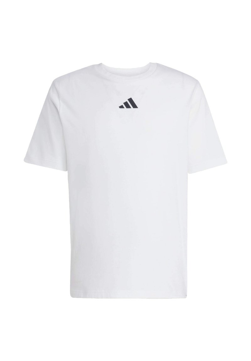 Camiseta de algodón blanca con mangas cortas, que presenta un pequeño logo negro de Adidas en el pecho. Diseño simple y limpio con cuello redondo.