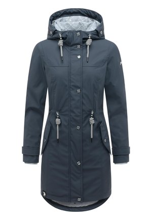 Imperméable long bleu foncé avec capuche, boutons sur le devant, cordons réglables à la taille et à la capuche, poches à rabat et poignets Velcro.