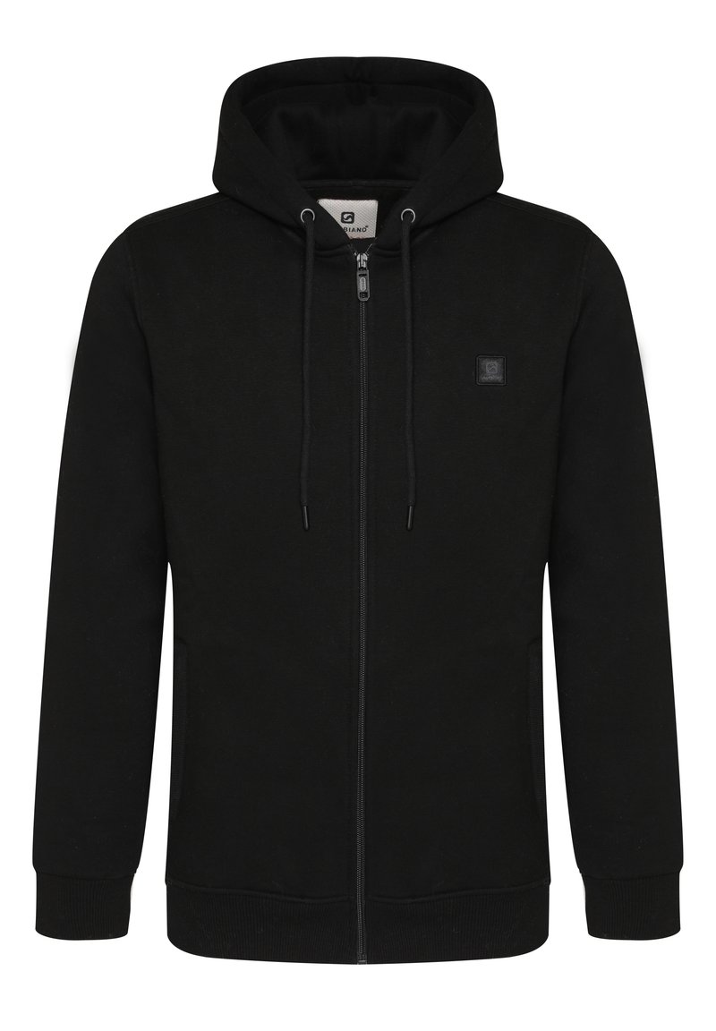 Felpa nera con zip realizzata in tessuto morbido, con cappuccio regolabile, polsini a costine e una piccola etichetta con logo sul petto.