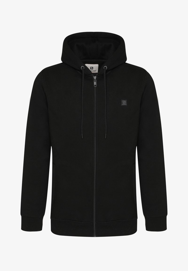 Schwarze Kapuzenjacke mit Reißverschluss aus weichem Material, mit Kordelzug an der Kapuze, gerippten Bündchen und einem kleinen Logo-Patch auf der Brust.