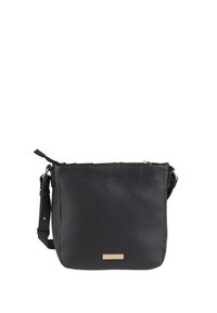 Schwarze Leder-Crossbody-Tasche mit strukturierten Oberflächen, goldenen Hardware-Akzenten, einem oberen Reißverschluss und verstellbarem Schultergurt.