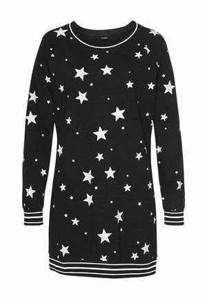 Black long-sleeve tunic featuring white star pattern, rounded neckline with white trim, and striped cuffs and hemline. Soft fabric texture.