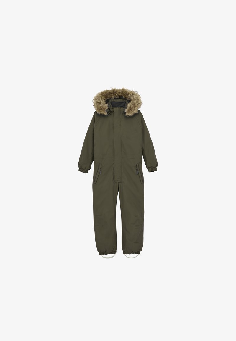 Olivgrön snoverall med pälskantad huva, dragkedjestängning och elastiska ärmslut. Har två framfickor och förstärkta områden vid knäna och fötterna.