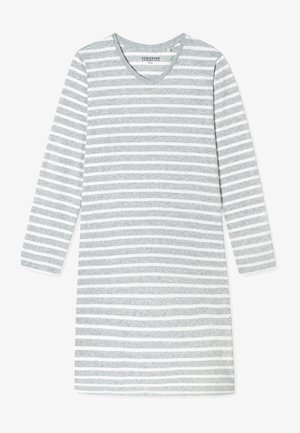 Striped nightdress featuring long sleeves, V-neck, and alternating gray and white horizontal stripes on a soft fabric.