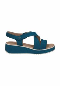 Tyrkysové semišové wedge sandály s křížovým designem pásků, otevřenou špičkou, bílou podrážkou a akcentem ve tvaru motýla na straně; texturovaný povrch.