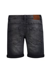 Donkere grijze denim shorts met een opgerolde zoom. Voorzien van een leren label op de tailleband en twee achterzakken met gestikte details.