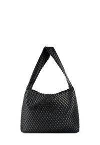 Black woven handbag with a curved body and a wide, textured strap. Features intricate basketweave pattern and soft, durable material.