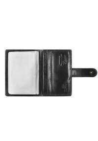 Portafoglio in pelle nera con una texture liscia, dotato di uno slot per carta trasparente e tre slot aggiuntivi per carte. Include una chiusura a scatto.