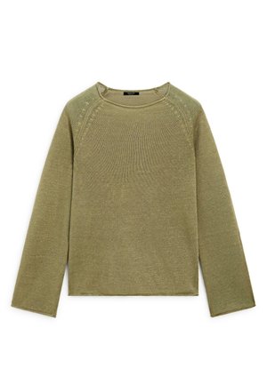 Pull en maille vert olive à manches longues avec encolure ronde et texture côtelée subtile, posé à plat sur fond blanc.