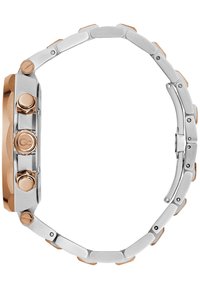 Silver and rose gold metal wristwatch with a chunky design, flat links, three push buttons, and a textured crown on the right side.
