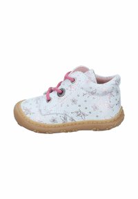 Child-sized sneakers with a light pastel-colored canvas, featuring a sparkly finish, pink laces, and butterfly and flower patterns.