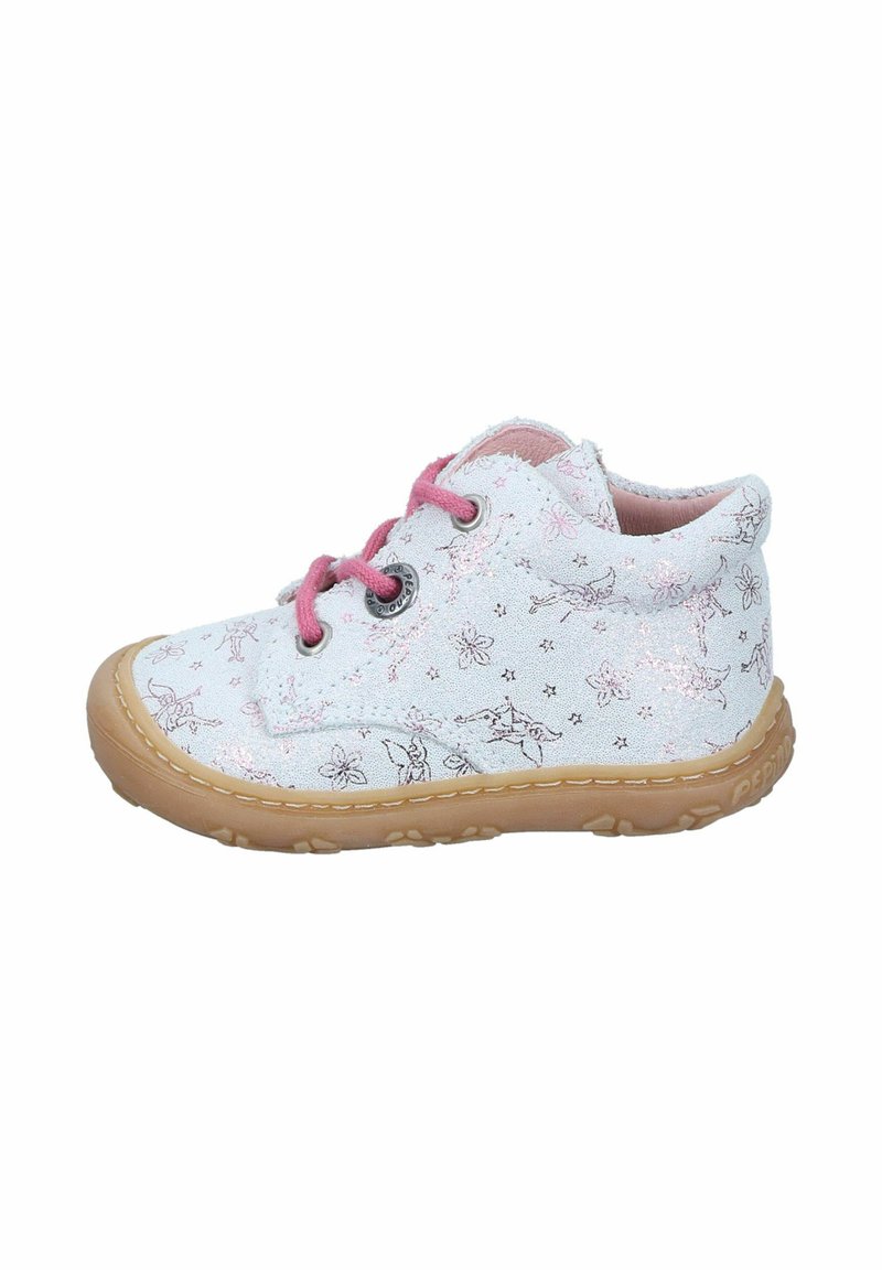 Child-sized sneakers with a light pastel-colored canvas, featuring a sparkly finish, pink laces, and butterfly and flower patterns.