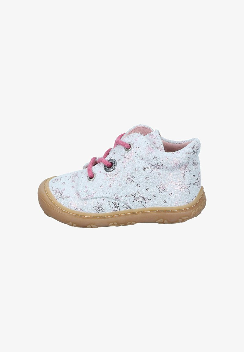 Child-sized sneakers with a light pastel-colored canvas, featuring a sparkly finish, pink laces, and butterfly and flower patterns.