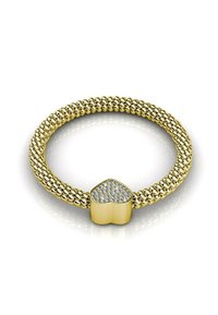 Bracciale dorato con un design testurizzato a perline. Presenta una chiusura a forma di cuore adornata con piccole pietre di rhinestone trasparenti.