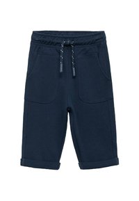 Námořnické modré šortky pro batolata s elastickým pasem, předními šňůrkami, dvěma předními kapsami a ohrnutými manžetami.