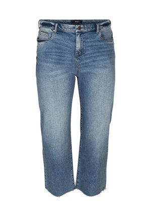 Jean denim bleu taille haute avec fermeture par bouton et zip, poches avant et arrière, et ourlets effilochés aux jambes larges raccourcies.