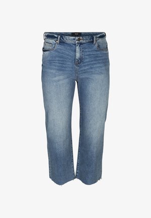 Jean denim bleu taille haute avec fermeture par bouton et zip, poches avant et arrière, et ourlets effilochés aux jambes larges raccourcies.