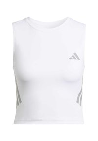 Biely krátky top bez rukávov vyrobený z elastickej látky s sivými bočnými pruhmi a sivým logom na prednej ľavej strane.