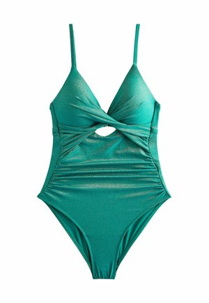 Emeraldgroene badpak met een gedraaide voorkant, uitsnijding en glinsterende stof. Voorzien van verstelbare dunne bandjes en rimpeling.
