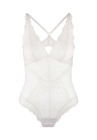 Krajkový body v svetlo ružovej farbe s výstrihom do V, prekríženými ramienkami na chrbte a dekoratívnymi kvetinovými vzormi, s priesvitnou textúrou a zapínaním na patentky.