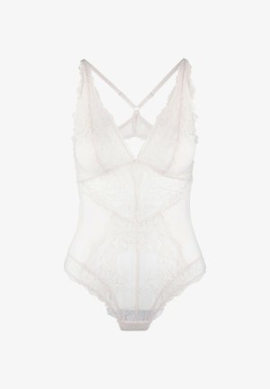 Body in pizzo di un rosa pallido con scollatura a V, spalline incrociate e motivi floreali decorativi, dotato di una texture trasparente e chiusura a pressione.