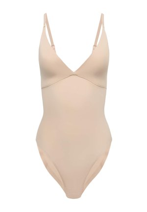 Body beige nude sin costuras con tirantes finos ajustables y copas triangulares, diseñado para un ajuste suave y ceñido.