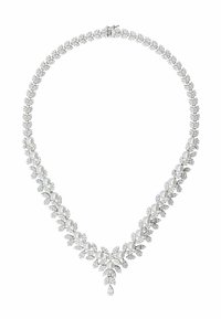 Rhinestone necklace featuring pearlescent beads in alternating leaf and flower designs, with a central drop pendant and a silver-tone metal finish.