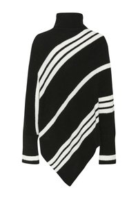 Juodas megztas pončas su aukštu kaklu ir asimetriniu kraštu, vaizduojantis įstrižas baltas juosteles ant kūno ir rankovių.