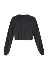 Svart croppad topp med långa, puffiga ärmar. Tillverkad av ett glittrande, strukturerat tyg. Enkel rund halsringning, bakvyn visar minimala sömmar.