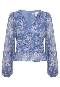 Blomstret bluse i lyseblåt chiffon med lange, voluminøse ærmer, indsamlede detaljer og peplumkant. Har dyb V-udskæring og lynlås bagpå.