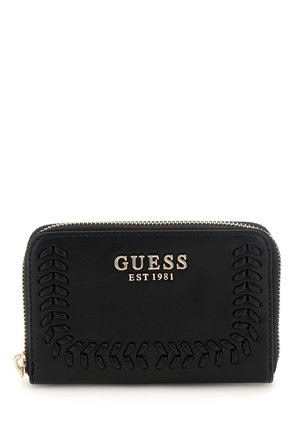 Black leather wallet featuring embossed stitching along the edges, gold-tone hardware, and the "GUESS EST 1981" logo prominently displayed.