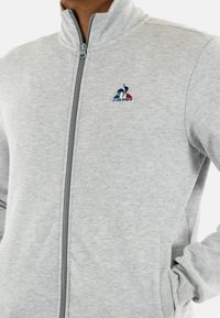 Lichtgrijze ritshoodie met hoge kraag, gemaakt van zachte stof, met een klein multicolored logo op de linkerborst.