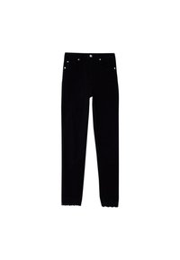 Jeans de denim negro con un diseño de pierna recta, que presentan un cierre de botón y un adorno de encaje en el tobillo. Estilo de cinco bolsillos con herrajes plateados.