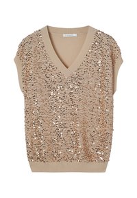 Bēšas krāsas piedurkņu tops ar V veida izgriezumu, izrotāts ar zelta un sudraba spīdumiem, ar ribota auduma apakšmali un plecu detaļām.