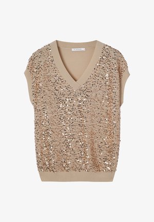 Top bej fără mâneci, cu decolteu în V, împodobit cu paiete aurii și argintii, tiv și detalii pe umeri cu dungi.