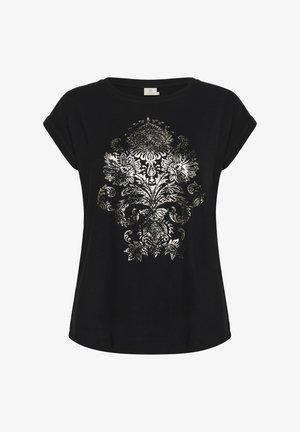 T-shirt noir à manches courtes en tissu doux, arborant un motif floral métallique argenté sur le devant et un col rond.