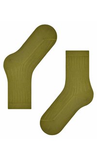 Olivgrüne Baumwollsocken mit geripptem Muster, in knöchelhoher Länge und verstärktem Fersen- und Zehenbereich für Langlebigkeit.