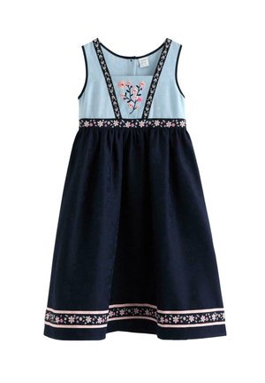 Ærmeløs kjole i marineblå og lyseblå med lyserød blomsterbroderi på korset, stropper, talje og nederkant.