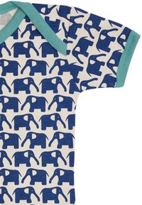 Korte mouwen romper van crème katoen met een herhaald patroon van donkerblauwe olifanten. Contrasterende teal rand rond de halslijn.