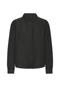 Black button-up shirt made of a textured fabric, featuring a collar, long sleeves, and two chest pockets. Simple and straight-cut design.