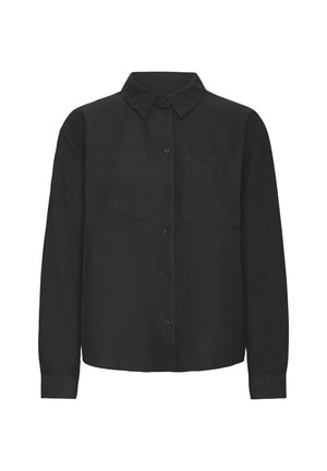 Schwarzes Hemd mit Knopfverschluss aus strukturiertem Stoff, ausgestattet mit einem Kragen, langen Ärmeln und zwei Brusttaschen. Einfaches und gerade geschnittenes Design.