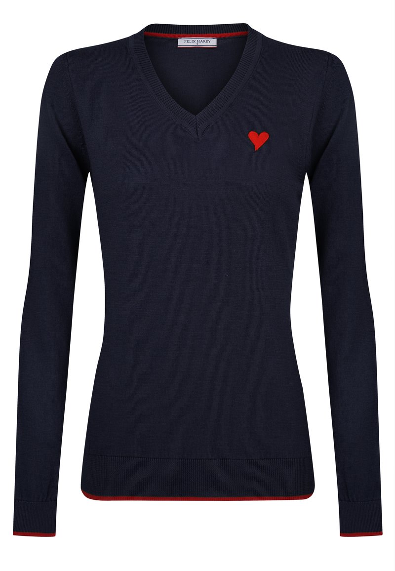 Marineblaue V-Ausschnitt-Pullover aus Strickmaterial, mit einem roten Herzensymbol auf der linken Brust und roten Akzenten an den Bündchen und am Saum.