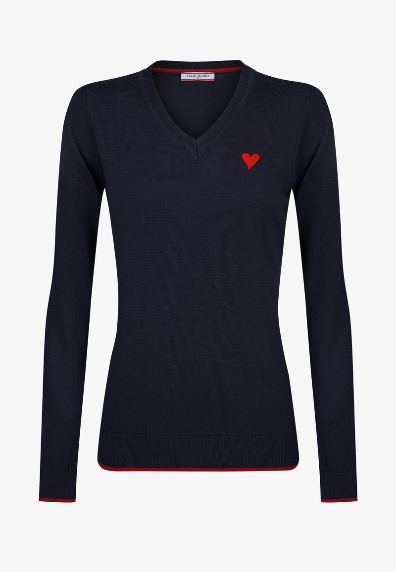 Marineblaue V-Ausschnitt-Pullover aus Strickmaterial, mit einem roten Herzensymbol auf der linken Brust und roten Akzenten an den Bündchen und am Saum.
