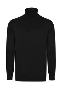 Schwarzer Rollkragenpullover aus einem glatten Strickstoff mit einem eng anliegenden Kragen und langen Ärmeln, mit gerippten Bündchen und Saum.